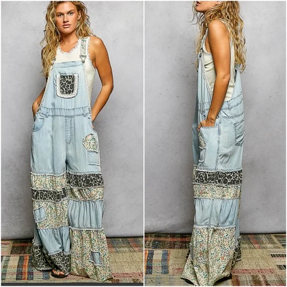 POL Floral Leopard Print Light Wash Wide Leg bib Overalls - Picture 4 of 4